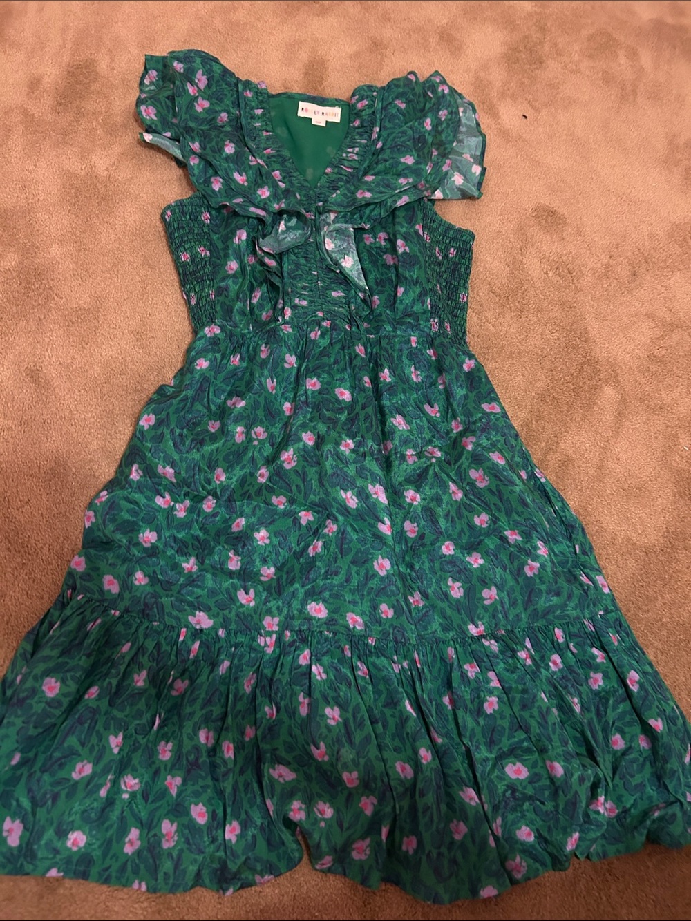Roller Rabbit Green Floral Tie-Neck Dress with Pink Accents